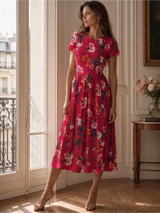LOFT Dresses & Skirts - LOFT Fuchsia Floral Fit-and-Flare pleated Midi Dress Flare Wedding Guest Size 8P